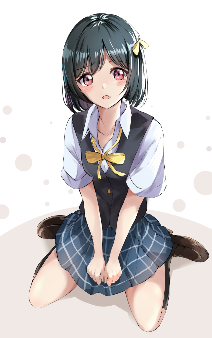 1girl absurdres bangs black_hair black_legwear black_vest blue_skirt blush bow brown_background brown_footwear collarbone collared_shirt commentary_request dress_shirt eyebrows_visible_through_hair fang full_body hair_bow highres kneehighs loafers looking_at_viewer love_live! love_live!_nijigasaki_high_school_idol_club mifune_shioriko open_mouth pleated_skirt red_eyes school_uniform shirt shoes short_sleeves sin_(sin52y) sitting skirt solo two-tone_background vest wariza white_background white_shirt yellow_bow