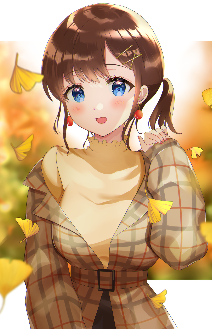 1girl :d arm_up autumn autumn_leaves bangs belt blue_eyes blurry blurry_background brown_hair brown_jacket brown_shirt commentary_request cowboy_shot earrings eyebrows_visible_through_hair ginkgo hair_ornament hairclip highres jacket jewelry leaf letterboxed long_sleeves looking_at_viewer nail_polish niwata0 open_mouth original plaid_jacket shirt short_hair side_ponytail sidelocks smile solo standing turtleneck upper_body x_hair_ornament
