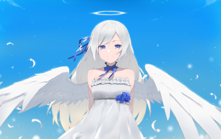 1girl arms_behind_back bangs blue_eyes blue_flower blue_ribbon blue_rose blue_sky closed_mouth clouds day dress eyebrows_behind_hair feathered_wings feathers fhang flower frilled_dress frills grey_dress grey_hair hair_ribbon halo highres looking_at_viewer original outdoors ribbon rose sky smile solo strapless strapless_dress white_feathers white_wings wings