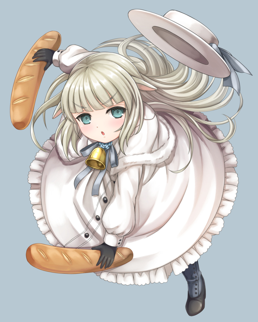 .live 1girl absurdres animal_ears bell blue_eyes boots bread commentary_request dress dual_wielding food full_body gloves grey_hair hat highres holding looking_at_viewer merry_milk mura_(1007mura) open_mouth sheep_ears simple_background virtual_youtuber
