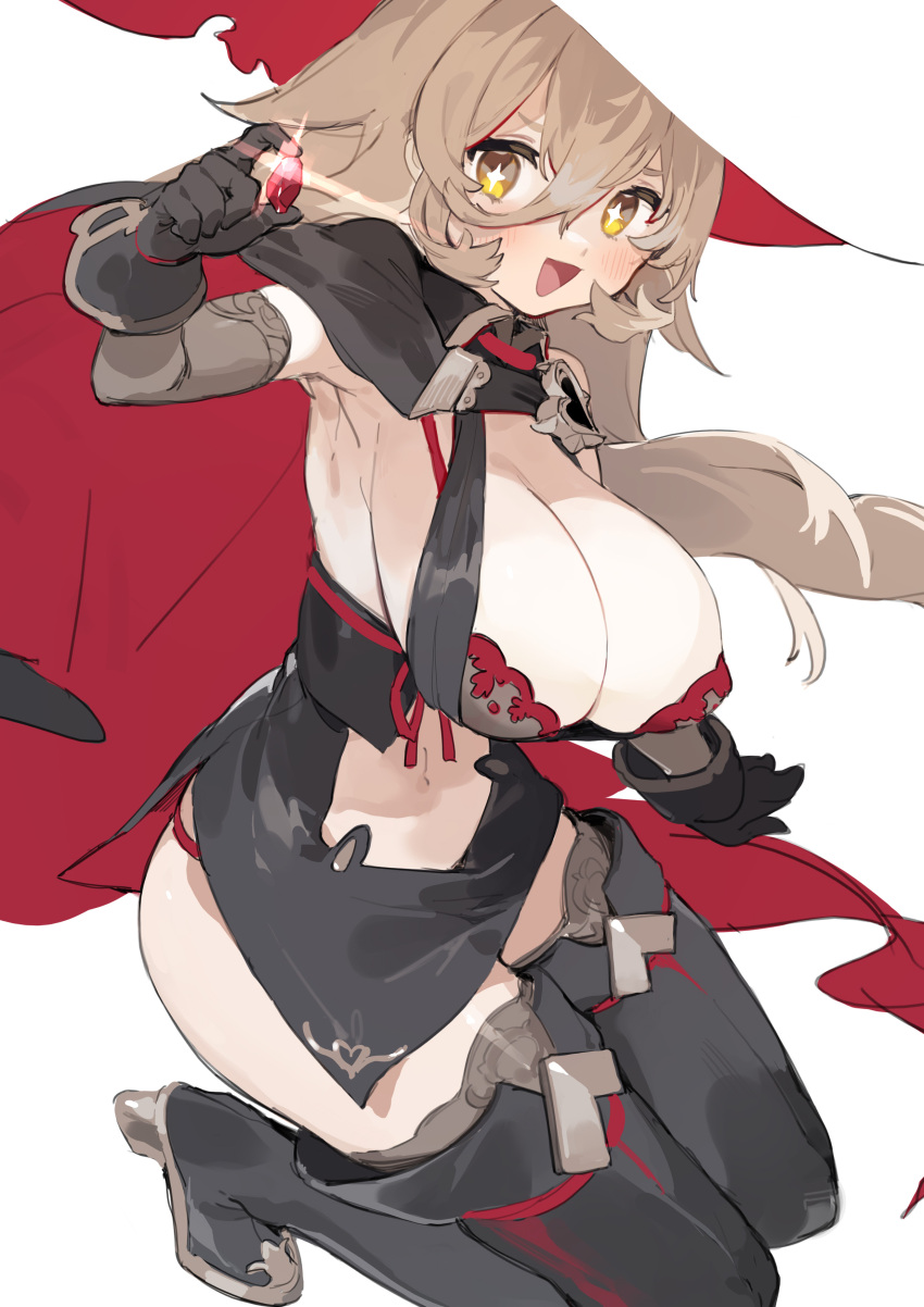 1girl absurdres bangs black_gloves black_legwear blonde_hair blush bra breasts cape clothing_cutout gem gloves hair_between_eyes hat high_heels highres large_breasts long_hair navel_cutout nijisanji nui_sociere open_mouth panties red_bra red_panties sh_(562835932) simple_background solo squatting thigh-highs torn_clothes torn_hat underwear virtual_youtuber white_background witch_hat yellow_eyes