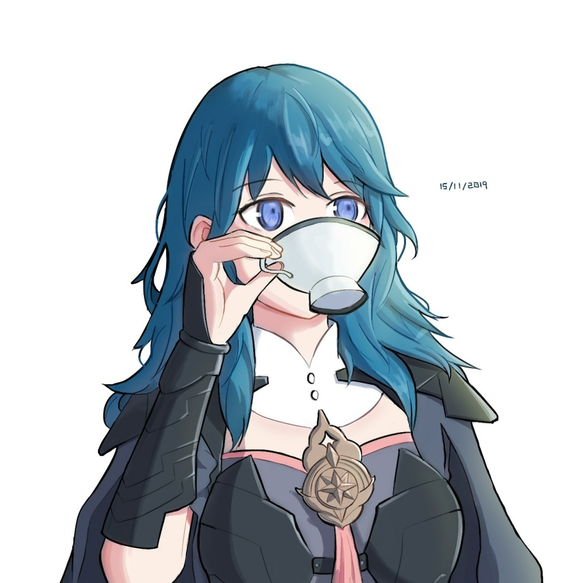 1girl 2019 blue_eyes blue_hair breasts byleth_(fire_emblem) byleth_eisner_(female) byleth_eisner_(female) cute dated drinking drinking_cup elbow_gloves eulogist female_focus female_my_unit_(fire_emblem:_three_houses) fire_emblem fire_emblem:_three_houses fire_emblem:_three_houses fire_emblem_16 garreg_mach_monastery_uniform intelligent_systems medium_hair my_unit_(fire_emblem:_three_houses) nintendo simple_background solo tea