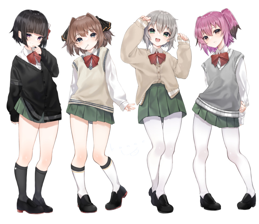4girls :d bangs black_footwear black_hair black_ribbon blue_eyes blush bow bowtie brown_hair cardigan closed_mouth commentary_request eyebrows_visible_through_hair full_body green_eyes green_skirt hachijou_(kantai_collection) hair_ornament hair_ribbon highres inorin05kanae ishigaki_(kantai_collection) kantai_collection kneehighs kunashiri_(kantai_collection) loafers long_sleeves looking_at_viewer multiple_girls open_mouth pantyhose pleated_skirt red_bow red_neckwear ribbon school_uniform shimushu_(kantai_collection) shirt shoes short_hair skirt sleeves_past_wrists smile standing sweater_vest two_side_up violet_eyes white_background white_legwear white_shirt