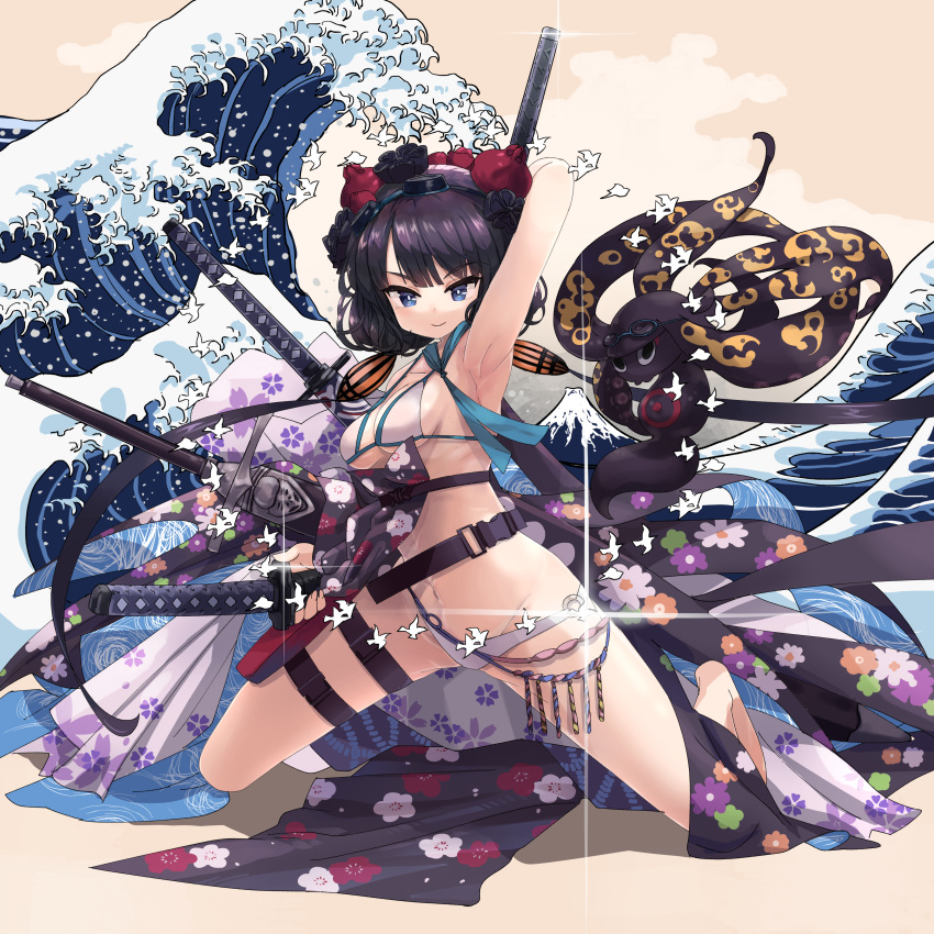 1girl absurdres arm_up armpits bangs bikini blue_eyes breasts closed_mouth commentary diffraction_spikes eyebrows_visible_through_hair fate/grand_order fate_(series) floral_print goggles goggles_on_head highres holding holding_sword holding_weapon katana katsushika_hokusai_(swimsuit_saber)_(fate) kneeling looking_at_viewer medium_breasts mount_fuji multiple_swords navel o-ring o-ring_bikini object_behind_back octopus oshiri_seijin purple_hair shadow short_hair smile solo splashing string_bikini swimsuit sword thigh_strap waist_cape waves weapon white_bikini