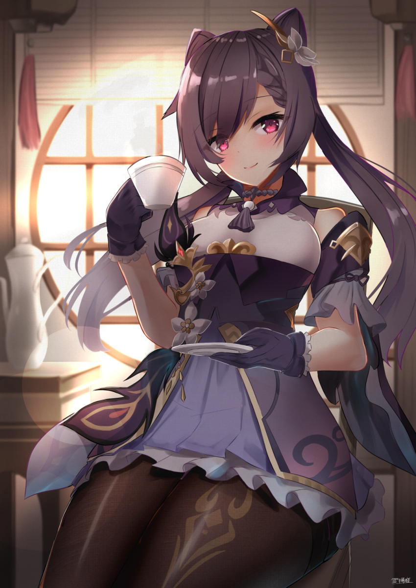 1girl bare_shoulders breasts choker cup detached_sleeves double_bun dress frilled_dress frilled_skirt frills genshin_impact gloves hair_ornament half-closed_eyes highres indoors keqing_(genshin_impact) long_sleeves plate purple_hair skirt smile solo tea teacup teapot twintails violet_eyes wide_sleeves window yukidaruma718