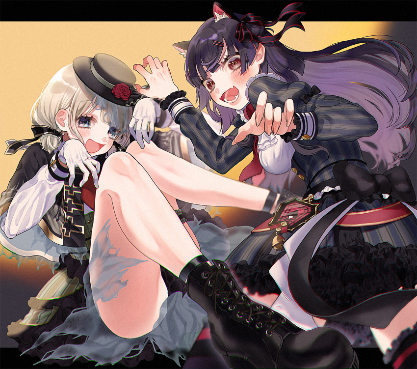 2girls animal_ears ankle_boots bangs bare_legs black_footwear black_hair blue_eyes boots breasts brown_eyes bubble_skirt capelet cat_ears dress fangs frilled_dress frilled_skirt frilled_sleeves frills gloves hair_ornament hair_ribbon hairclip halloween_costume hat highres idolmaster idolmaster_shiny_colors irururutan large_breasts layered_skirt light_brown_hair long_hair long_sleeves looking_at_viewer low_twintails mayuzumi_fuyuko mini_hat multiple_girls open_mouth ribbon serizawa_asahi short_hair skirt striped symbol_commentary twintails vertical-striped_dress vertical_stripes white_dress white_gloves