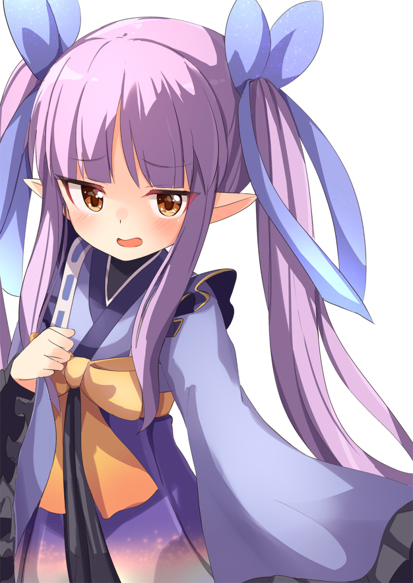 1girl ame. bangs blue_kimono blue_ribbon blush bow brown_bow brown_eyes commentary_request eyebrows_visible_through_hair frilled_sleeves frills hair_ribbon highres japanese_clothes kimono kyouka_(princess_connect!) long_hair long_sleeves looking_at_viewer open_mouth pointy_ears princess_connect! princess_connect!_re:dive purple_hair ribbon sidelocks simple_background smile solo twintails very_long_hair white_background wide_sleeves