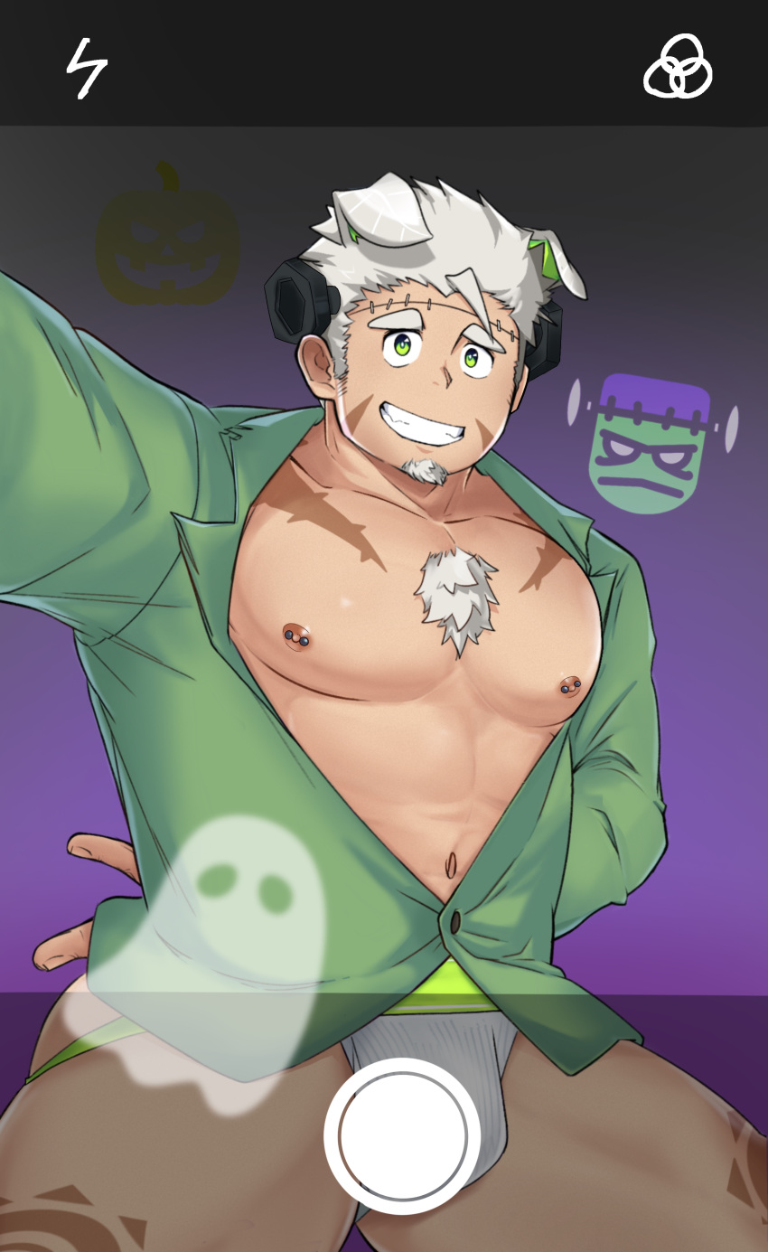 1boy abs absurdres animal_ears ass bara bare_chest blush bulge chest chest_hair cosplay cowboy_shot dog_ears facial_hair frankenstein's_monster frankenstein's_monster_(cosplay) goatee gomeisa_(live_a_hero) green_eyes green_male_underwear grey_hair halloween halloween_costume highres jockstrap live_a_hero looking_at_viewer male_focus muscle nanman_shi navel nipples self_shot short_hair sideburns solo tattoo thick_thighs thighs tribal_tattoo underwear