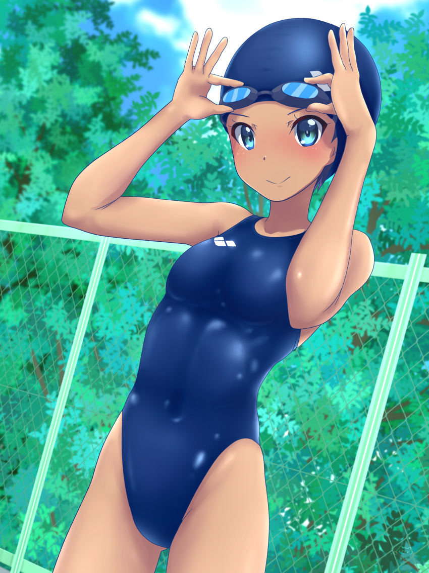 1girl arena_(company) blue_headwear blue_swimsuit chain-link_fence commentary_request competition_swimsuit cowboy_shot dark-skinned_female dark_skin fence goggles goggles_on_head highleg highleg_swimsuit highres one-piece_swimsuit original solo swim_cap swimsuit yonesuke_(yonesukesuke)