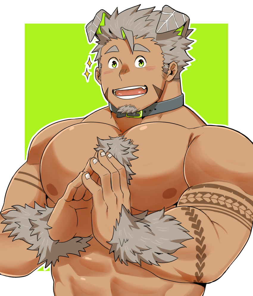1boy abs animal_ears bara blush butler chest chest_hair collar dog_collar dog_ears facial_hair fingers_together goatee gomeisa_(live_a_hero) green_eyes grey_hair highres live_a_hero looking_at_viewer male_focus muscle nipples nude ratontheraccoon short_hair sideburns smile solo sparkle tattoo tribal_tattoo upper_body