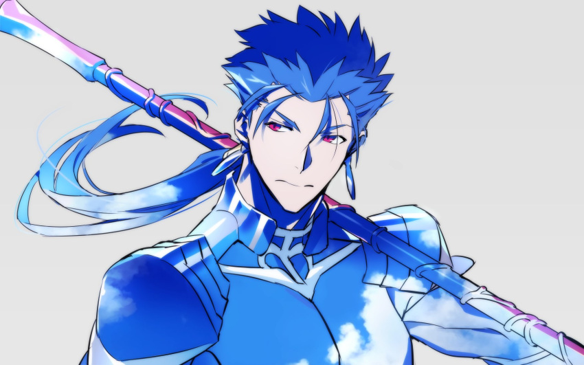 1boy armor beads blue_hair blue_sky closed_mouth clouds cu_chulainn_(fate)_(all) earrings fate/stay_night fate_(series) gae_bolg grey_background hair_beads hair_ornament highres jewelry kon_manatsu lancer long_hair looking_to_the_side male_focus pauldrons ponytail red_eyes shoulder_armor simple_background sky solo spiky_hair type-moon