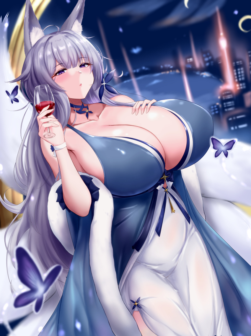 1girl absurdres alcohol animal_ear_fluff animal_ears azur_lane bare_shoulders blue_butterfly blue_collar blue_dress breasts cityscape cleavage_cutout clothing_cutout collar cup cupping_glass detached_collar dress drinking_glass evening_gown eyebrows_visible_through_hair feather_boa fox_ears fox_girl gigantic_breasts halter_dress hand_on_own_chest highres huge_filesize kitsune kyuubi large_tail light_blush long_hair looking_at_viewer moon_phases multiple_tails shinano_(azur_lane) shinano_(light_of_the_hazy_moon)_(azur_lane) silver_hair sleeveless sleeveless_dress solo tail two-tone_dress very_long_hair violet_eyes white_dress white_tail wine wine_glass wrist_flower zetsuhei_no_roran
