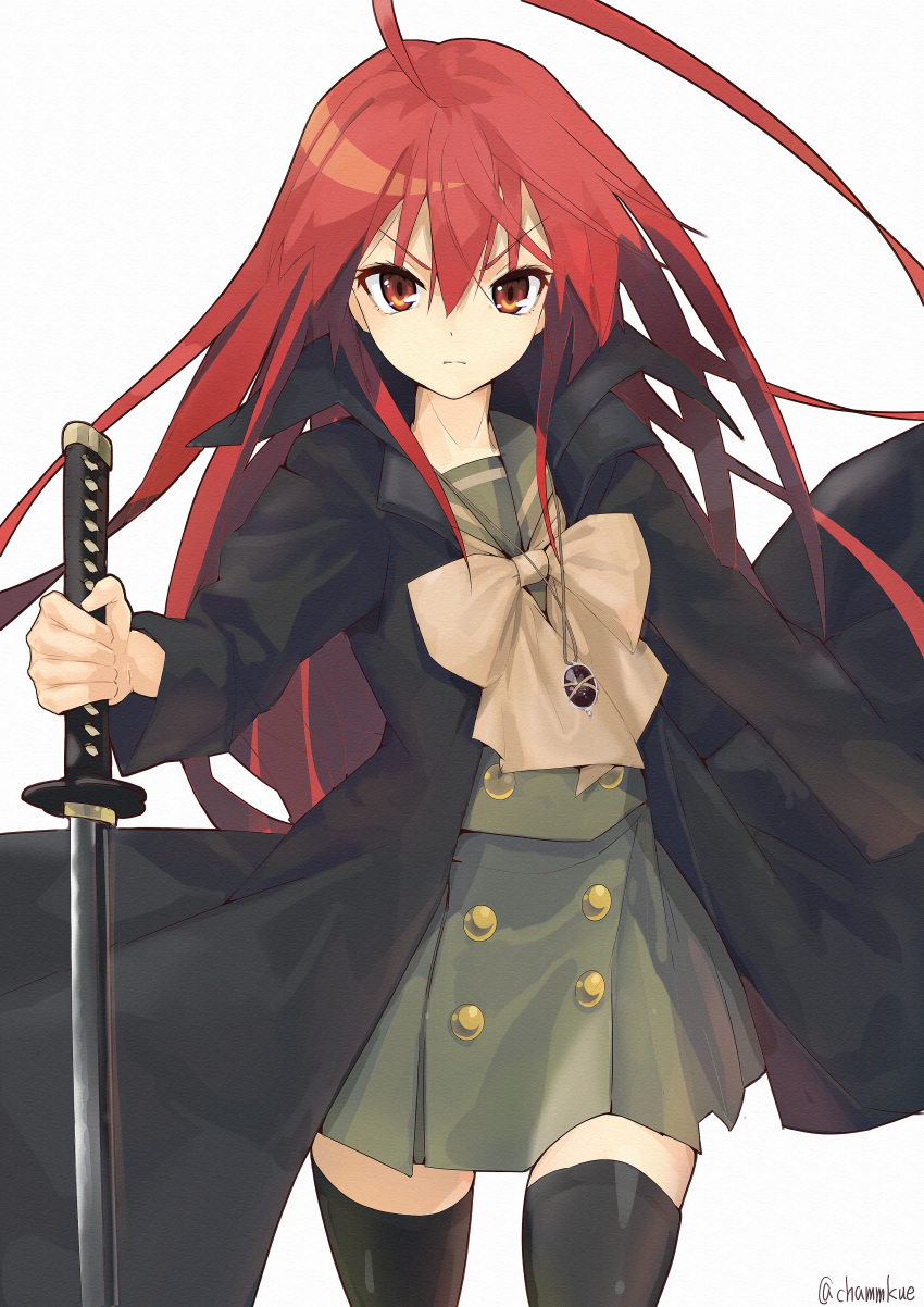 1girl absurdres bangs black_coat black_legwear bow chamu_(chammkue) coat green_sailor_collar green_shirt green_skirt hair_between_eyes highres holding holding_sword holding_weapon huge_filesize katana light_frown long_sleeves looking_at_viewer miniskirt open_clothes open_coat red_eyes redhead sailor_collar shakugan_no_shana shana shirt simple_background skirt solo sword thigh-highs twitter_username v-shaped_eyebrows weapon white_background yellow_bow zettai_ryouiki