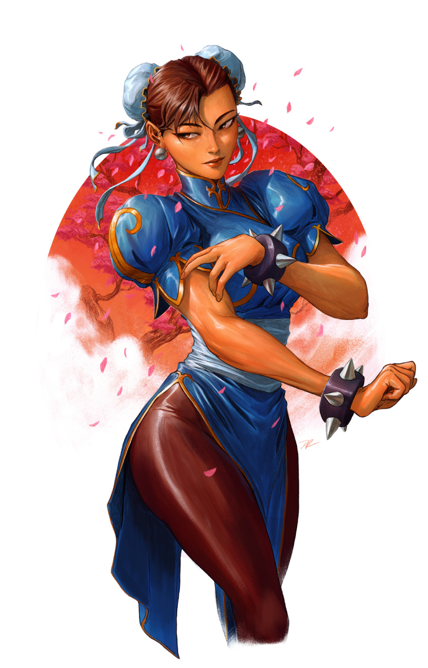 1girl bracelet brown_eyes brown_hair china_dress chinese_clothes chun-li clenched_hand dave_rapoza double_bun dress highres jewelry looking_back solo spiked_bracelet spikes street_fighter