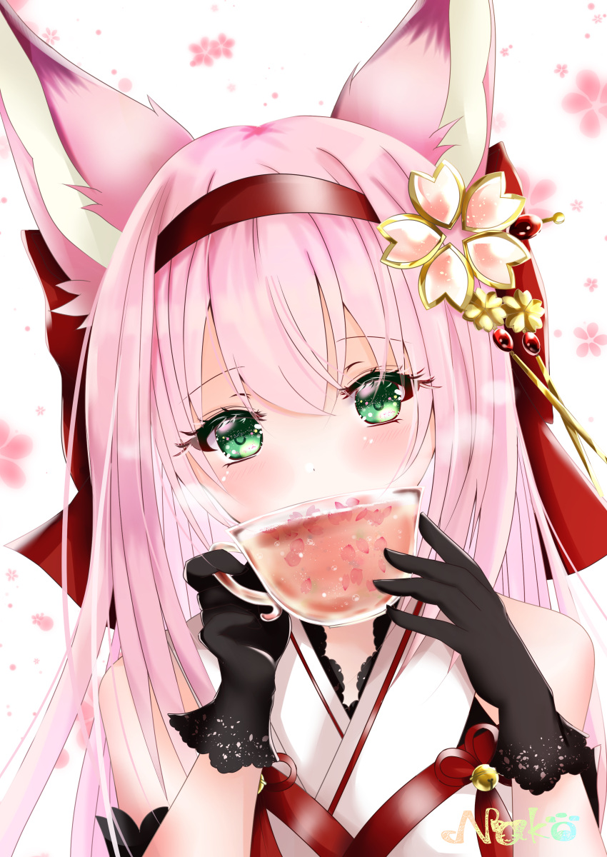 1girl absurdres animal_ears artist_name azur_lane bare_shoulders black_gloves cup eyebrows_visible_through_hair gloves green_eyes hair_between_eyes hair_ornament hairband hanazuki_(azur_lane) highres holding holding_cup long_hair looking_at_viewer nako_nya pink_hair red_hairband sakura_empire_(emblem) simple_background solo tea teacup upper_body