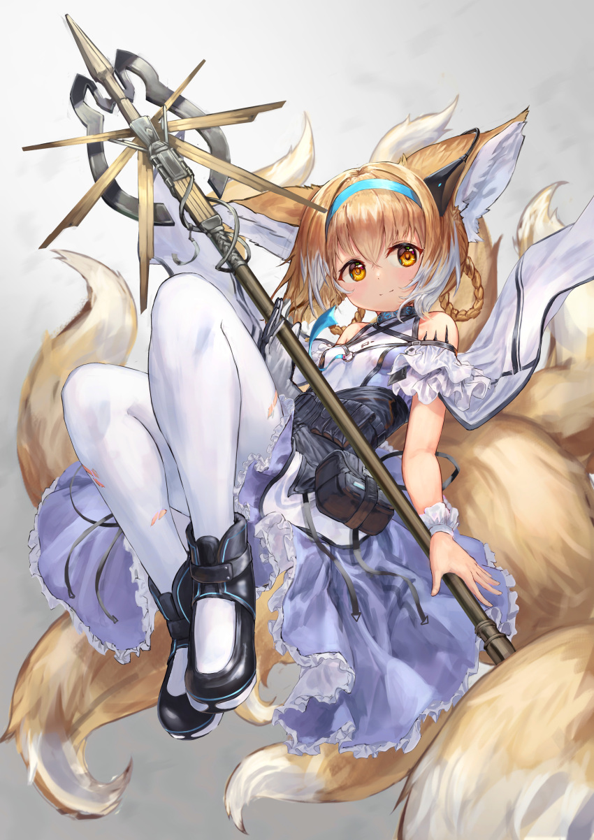 1girl absurdres animal_ears arknights bare_shoulders black_footwear blonde_hair blue_dress blue_headband blush braid braided_ponytail commentary dress earpiece floating footwear_request fox_ears fox_tail frilled_dress frills headband highres holding holding_staff holding_weapon kitsune kyuubi looking_at_viewer multicolored_hair multiple_tails oripathy_lesion_(arknights) pantyhose pouch short_hair smile solo staff suzuran_(arknights) tail taku57 torn_clothes torn_legwear weapon white_hair white_legwear yellow_eyes