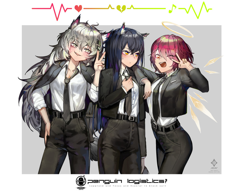 3girls a0lp animal_ears arknights black_nails black_suit blue_hair blush broken_heart exusiai_(arknights) formal halo heart highres lappland_(arknights) multiple_girls musical_note penguin_logistics_(arknights) redhead suit tail texas_(arknights) v waveform white_hair wolf_ears wolf_tail