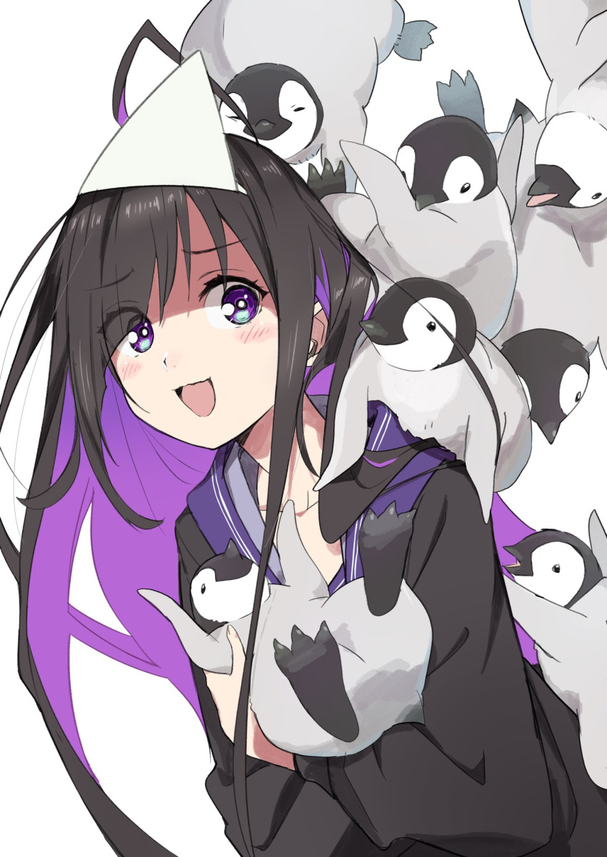 1girl :d animal bangs bird black_hair black_shirt blush commentary_request eyebrows_visible_through_hair eyes_visible_through_hair highres holding holding_animal long_hair looking_at_viewer multicolored_hair open_mouth original penguin purple_hair purple_sailor_collar sailor_collar school_uniform serafuku shirt simple_background smile solo tama_(tama-s) triangular_headpiece two-tone_hair upper_body very_long_hair violet_eyes white_background white_headwear yurako-san_(tama)