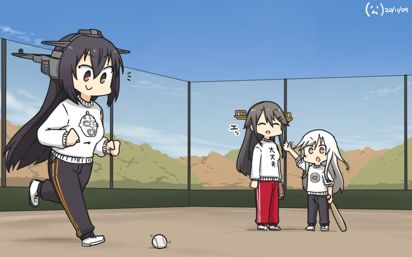 3girls alternate_costume baseball baseball_bat black_hair black_pants blue_sky closed_eyes clothes_writing clouds commentary_request dated day fence full_body hamu_koutarou haruna_(kantai_collection) headgear highres kantai_collection kikuzuki_(kantai_collection) long_hair multiple_girls nagato_(kantai_collection) open_mouth orange_eyes outdoors pants red_eyes red_pants running sky sweater track_pants ultra_series ultra_seven ultra_seven_(series) white_hair white_sweater