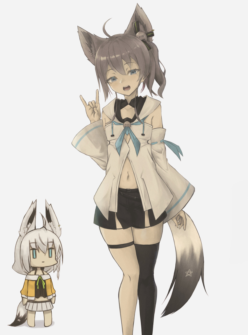 2girls absurdres ahoge alternate_hairstyle animal_ear_fluff animal_ears arm_at_side belt black_legwear black_shorts blue_neckwear braid brown_hair chibi chibi_inset collarbone cosplay costume_switch cowboy_shot detached_sleeves drawstring eyelashes flat_chest fox_ears fox_shadow_puppet fox_tail grey_eyes hand_up head_tilt highres hololive jitome long_hair looking_at_another looking_at_viewer multiple_girls natsuiro_matsuri navel neckerchief ocha_0529 open_mouth ribbon-trimmed_sleeves ribbon_trim ringlets sailor_collar shirakami_fubuki shorts side_ponytail simple_background single_braid single_garter single_thighhigh skindentation star_(symbol) tail thigh-highs white_background white_hair