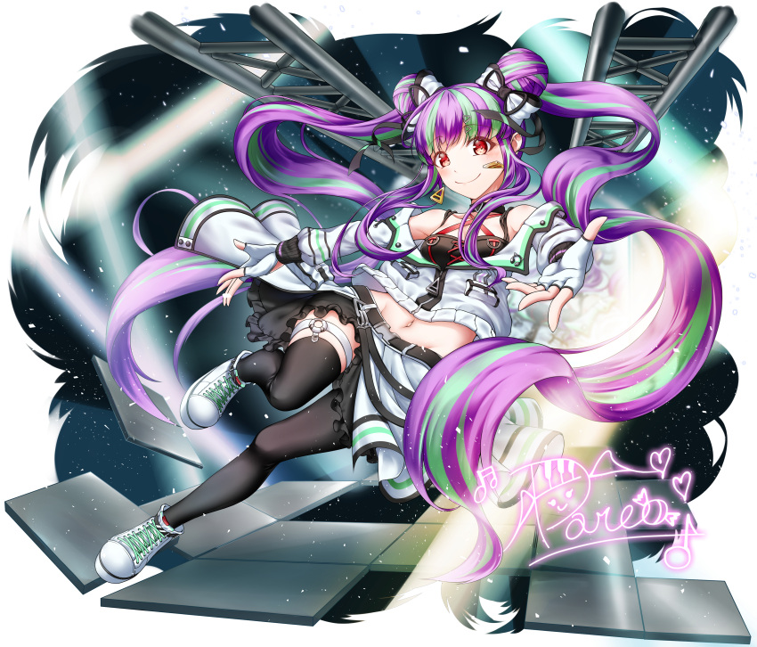 1girl absurdres bang_dream! bangs bare_shoulders black_choker black_legwear blush breasts character_signature choker commentary double_bun earrings eyebrows_visible_through_hair fingerless_gloves full_body gloves green_hair groin hair_ornament hair_ribbon hairclip highres jacket jewelry leg_garter long_hair long_sleeves looking_at_viewer medium_breasts midriff multicolored_hair navel nokmal nyuubara_reona off-shoulder_jacket purple_hair red_eyes ribbon shoes sidelocks skirt smile sneakers solo stage_lights thigh-highs twintails two-tone_hair white_background white_footwear white_gloves white_jacket white_ribbon white_skirt zettai_ryouiki