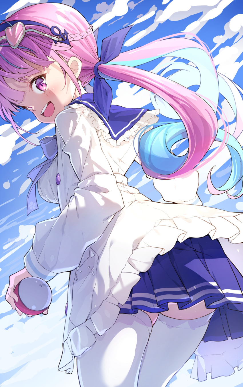 1girl :d absurdres anchor_hair_ornament blue_bow blue_hair blue_hairband blue_ribbon blue_sailor_collar blue_skirt blue_sky bow braid breasts clouds cloudy_sky darjeeling_(reley) day eyewear_on_head frilled_jacket frilled_sailor_collar grey-framed_eyewear hair_ornament hair_ribbon hairband heart heart-shaped_eyewear highres holding hololive jacket long_hair long_sleeves looking_at_viewer looking_to_the_side medium_breasts minato_aqua multicolored_hair open_mouth outdoors pink-tinted_eyewear pink_hair pleated_skirt ribbon sailor_collar shirt skirt sky smile solo sunglasses thigh-highs twintails two-tone_hair very_long_hair violet_eyes virtual_youtuber white_jacket white_legwear white_shirt