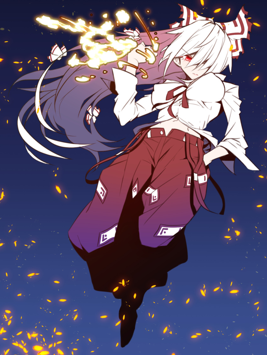 1girl baggy_pants bow breasts collared_shirt commentary_request eyebrows_visible_through_hair fire fujiwara_no_mokou hair_bow hair_over_one_eye hair_ribbon hand_in_pocket highres jin_(mugenjin) long_hair long_sleeves looking_at_viewer looking_down midriff night night_sky ofuda pants red_eyes red_pants ribbon shirt sky solo sparks suspenders suspenders_hanging touhou very_long_hair white_hair white_shirt