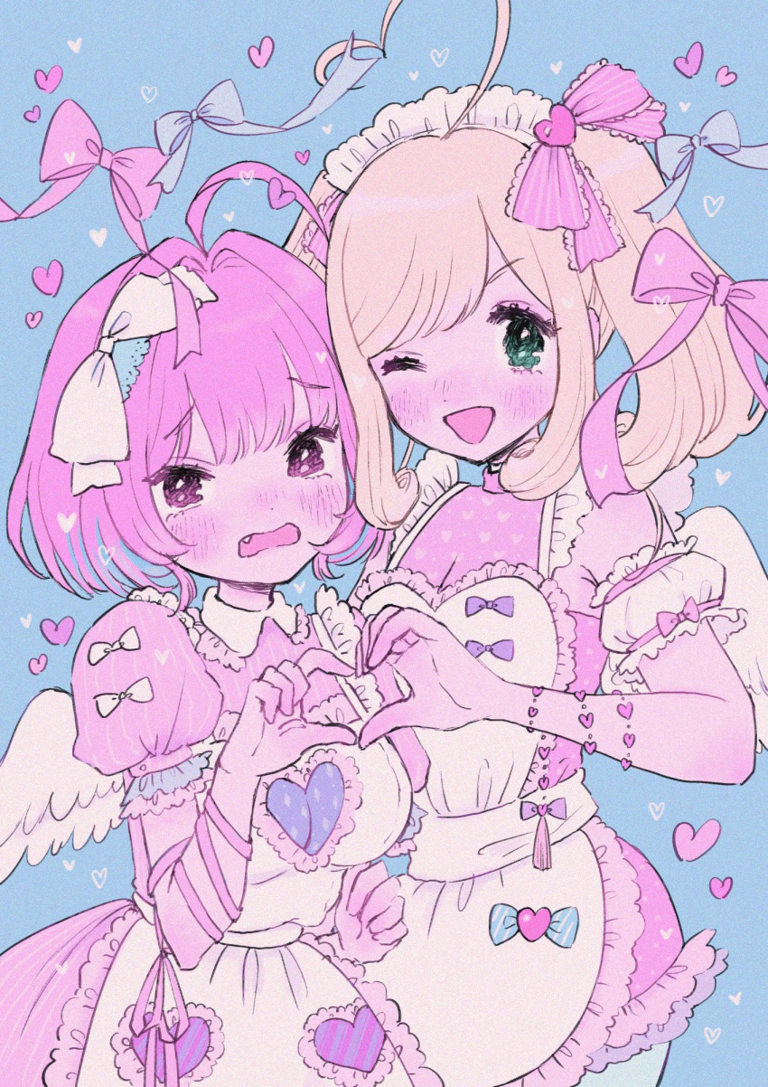 2girls ahoge angel_wings arm_ribbon bangs blonde_hair blue_background blue_hair blush bow cleavage_cutout clothing_cutout collarbone detached_sleeves dress eyebrows_visible_through_hair fang frilled_shirt_collar frilled_sleeves frills green_eyes hair_bow heart heart_apron heart_hands heart_hands_duo highres idolmaster idolmaster_cinderella_girls looking_at_viewer maid_headdress maumauma_mau multicolored_hair multiple_girls one_eye_closed open_mouth pink_dress pink_eyes pink_hair puffy_detached_sleeves puffy_short_sleeves puffy_sleeves ribbon satou_shin short_hair short_sleeves smile twintails two-tone_hair wings yumemi_riamu