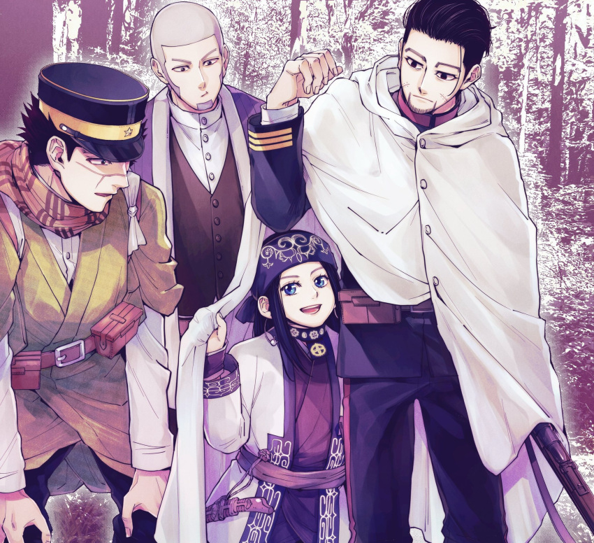 1girl 3boys :d ainu ainu_clothes arisaka asirpa bandana belt black_eyes black_hair black_pants black_vest blue_eyes blue_jacket blue_pants bolt_action brown_belt cloak cowboy_shot dagger earrings facial_hair facial_scar goatee golden_kamuy gun hair_slicked_back hair_strand hand_up hands_on_own_knees haori hat highres holding holding_gun holding_weapon hood hood_down hoop_earrings jacket japanese_clothes jewelry long_hair long_sleeves looking_at_another military military_hat military_uniform multiple_boys ogata_hyakunosuke open_mouth pants photo_background rifle sash scar scarf shaved_head sheath sheathed shiraishi_yoshitake shirt short_hair sideburns smile sugimoto_saichi uniform upper_body vest weapon white_cloak white_shirt yellow_scarf yuu_(isis7796)