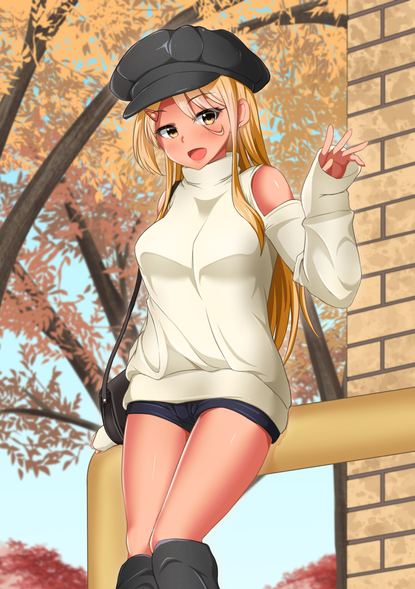 1girl absurdres bag bare_shoulders blonde_hair building cabbie_hat commentary_request earrings eyebrows_visible_through_hair gyaru hair_between_eyes hair_ornament hairclip handbag hat highres jewelry kinjyou_(shashaki) kogal leaning_on_rail long_hair looking_at_viewer loose_socks open_mouth original outdoors shorts smile solo stud_earrings sweater taw_(t765p) tree waving