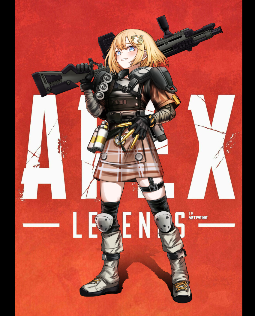 1girl absurdres alternate_costume apex_legends artist_name artpatient assault_rifle bangs black_gloves blonde_hair blue_eyes blush boots breasts commentary copyright_name explosive full_body gloves grenade gun hair_ornament highres holding holding_gun holding_weapon hololive hololive_english knee_pads looking_at_viewer monocle_hair_ornament over-kneehighs over_shoulder plaid plaid_skirt red_background rifle shirt short_hair skirt smile solo standing teeth thigh-highs trigger_discipline virtual_youtuber watson_amelia weapon weapon_over_shoulder