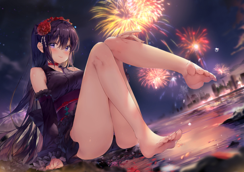 1girl absurdres arms_at_sides bangs bare_legs bare_shoulders barefoot black_kimono blush breasts choker closed_mouth collarbone detached_wings dress eyebrows_visible_through_hair feet fingernails fireworks flower hair_between_eyes hair_flower hair_ornament highres japanese_clothes kimono knees_up leg_up legs long_hair looking_at_viewer night obi ocean odaefnyo original outdoors purple_hair red_choker red_flower sash sidelocks sitting sleeveless sleeveless_dress smile soles solo toenails toes very_long_hair violet_eyes water wings