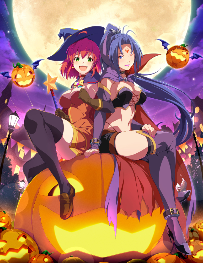 2girls alice_wishheart bangs bat_wings black_choker black_footwear black_gloves black_legwear black_panties black_shorts blue_eyes blue_hair bow breasts bridal_gauntlets brown_footwear brown_gloves building cape choker closed_mouth clouds cloudy_sky crop_top crossed_legs dress earrings elbow_gloves facial_mark forehead_mark full_moon gloves green_hair hair_ornament halloween hat high_heels highleg highleg_panties highres holding holding_wand jack-o'-lantern jewelry lamppost large_breasts layered_gloves lens_flare lipstick loafers locked_arms long_hair looking_at_viewer magical_halloween makeup medium_breasts moon multiple_girls nail_polish night night_sky open_mouth oversized_object panties parted_bangs ponytail purple_cape purple_legwear purple_lipstick purple_nails purple_sky qwel_08 red_cape red_choker red_dress redhead rosemary_bergamot shoes shooting_star short_dress short_shorts shorts sitting sky smile star_(sky) star_(symbol) star_earrings starry_sky strapless strapless_dress tattered_cape thigh-highs two-sided_cape two-sided_fabric underwear very_long_hair wand wings witch_hat yellow_bow