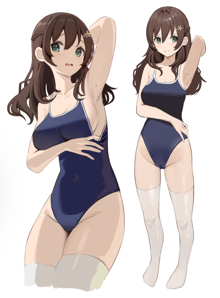 1girl 3: armpits blue_swimsuit brown_hair competition_school_swimsuit cowboy_shot full_body green_eyes hair_ornament hairclip highres long_hair looking_at_viewer mole mole_on_arm no_shoes open_mouth original ryu_(leon_esoragotonooto) school_swimsuit simple_background solo standing swimsuit thigh-highs white_background white_legwear