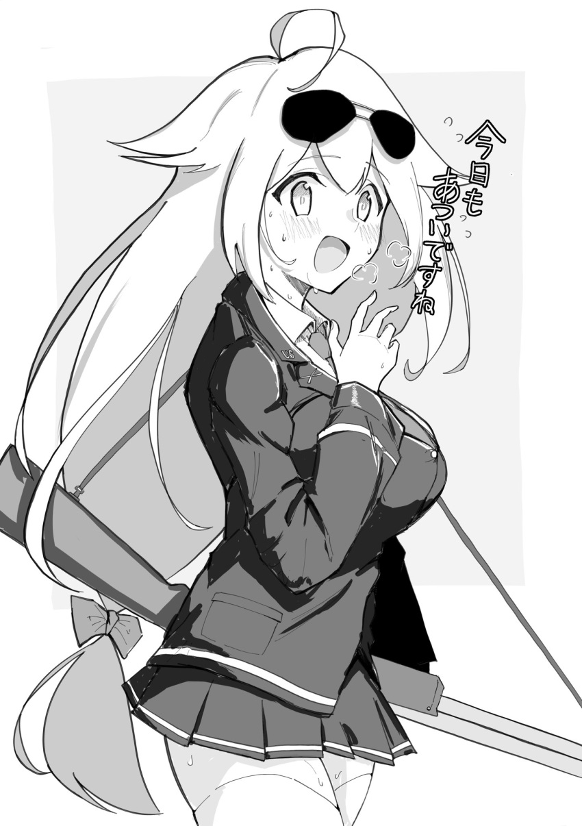 1girl ahoge aviator_sunglasses blazer blush breasts commentary_request cowboy_shot eyebrows_visible_through_hair eyewear_on_head girls_frontline greyscale gun hair_between_eyes highres huge_breasts jacket long_hair low-tied_long_hair m1918_bar m1918_bar_(girls_frontline) machine_gun mg6_koyakezm monochrome necktie open_mouth simple_background solo sunglasses sweat thigh-highs translation_request very_long_hair weapon white_background