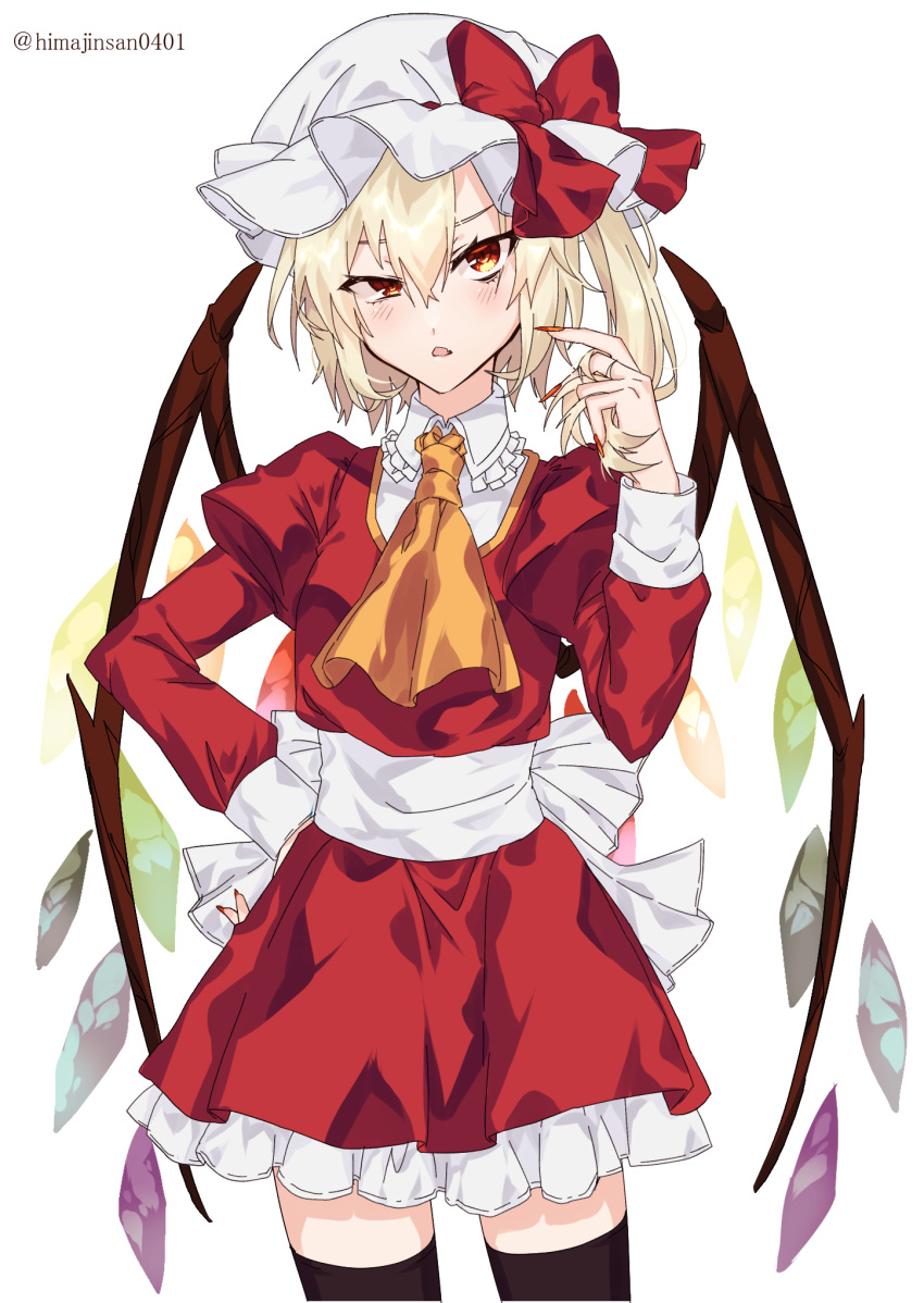 1girl :o bangs blonde_hair blush bow cowboy_shot dress eyes_visible_through_hair fingernails flandre_scarlet frilled_dress frills hair_between_eyes hand_on_hip hat hat_bow highres himajinsan0401 mob_cap puffy_sleeves red_bow red_eyes red_nails sharp_fingernails short_hair side_ponytail solo thigh-highs thinking touhou twitter_username waist_bow white_background wings