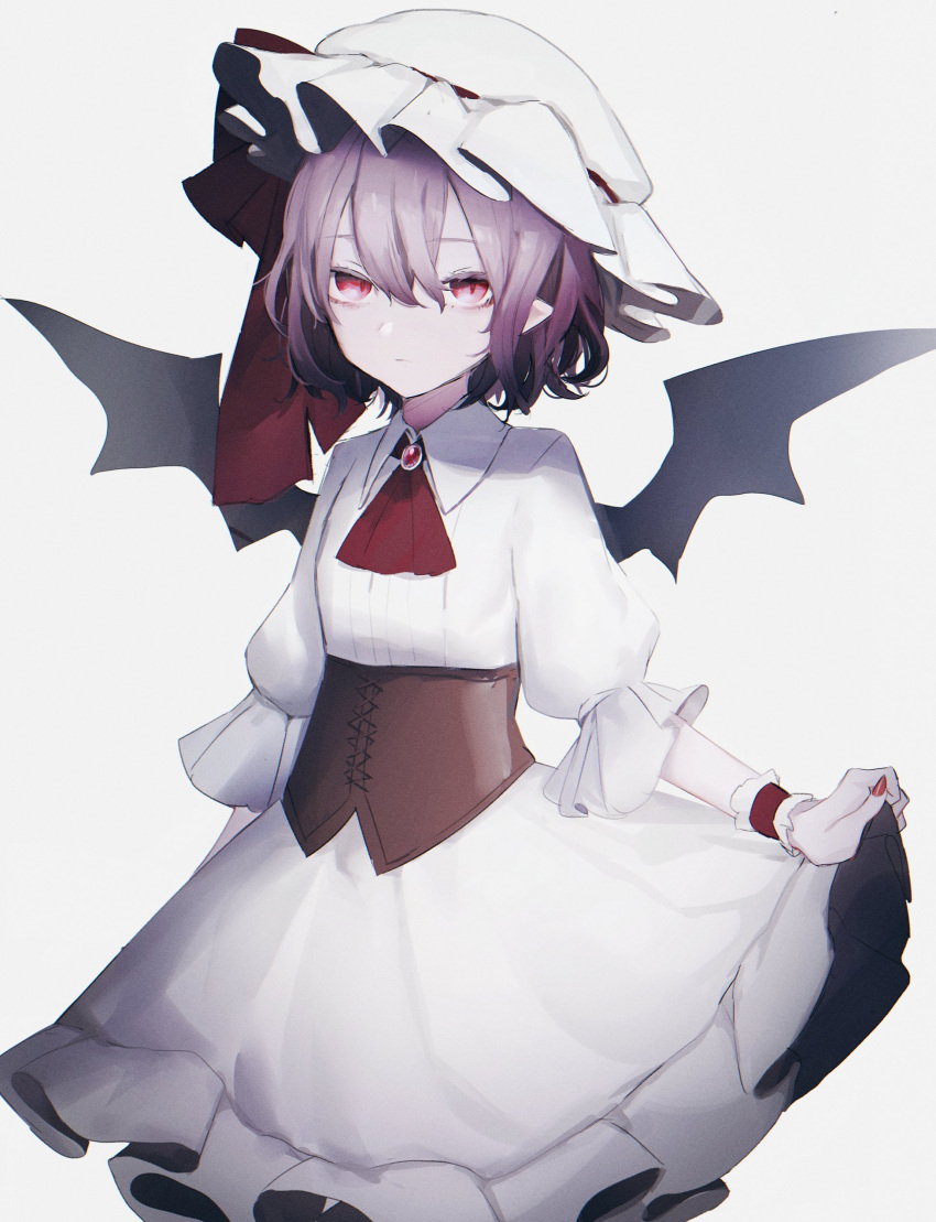 1girl absurdres ascot bat_wings brooch closed_mouth cowboy_shot dress expressionless fingernails hat hat_ornament highres jewelry jitome looking_at_viewer migihidari_(puwako) nail_polish pillow_hat pointy_ears purple_hair red_eyes red_nails red_neckwear remilia_scarlet short_hair simple_background skirt_hold slit_pupils solo spread_wings standing touhou underbust white_background white_dress white_headwear wings wristband