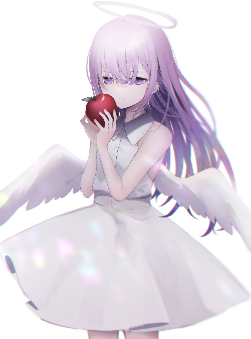1girl angel angel_wings apple closed_mouth cowboy_shot dress feathered_wings food fruit hair_over_eyes halo hands_up highres holding holding_food holding_fruit long_hair migihidari_(puwako) original purple_hair red_apple simple_background sleeveless sleeveless_dress smile solo violet_eyes white_background white_dress white_wings wings