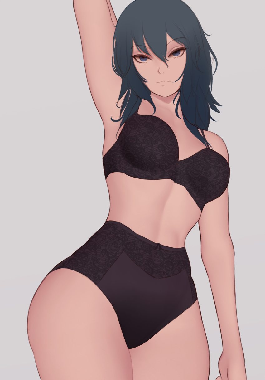 1girl absurdres arm_behind_back arm_up armpits bangs bare_arms biriyb black_bow black_bra black_panties blue_eyes blue_hair bow bow_panties bra breasts byleth_(fire_emblem) byleth_eisner_(female) eyebrows_visible_through_hair fire_emblem fire_emblem:_three_houses floral_print grey_background hair_between_eyes highres long_hair looking_at_viewer medium_breasts panties simple_background solo thick_thighs thighs underwear wide_hips