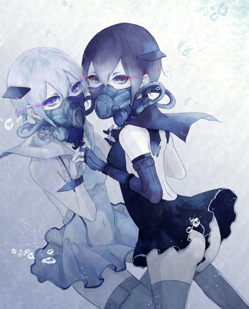 2girls absurdres abyssal_twin_princess_(black) abyssal_twin_princess_(white) black_hair breasts c_aracr covered_navel glowing glowing_eyes highres holding_hands huge_filesize kantai_collection looking_at_viewer multiple_girls red_eyes small_breasts thigh-highs violet_eyes white_hair