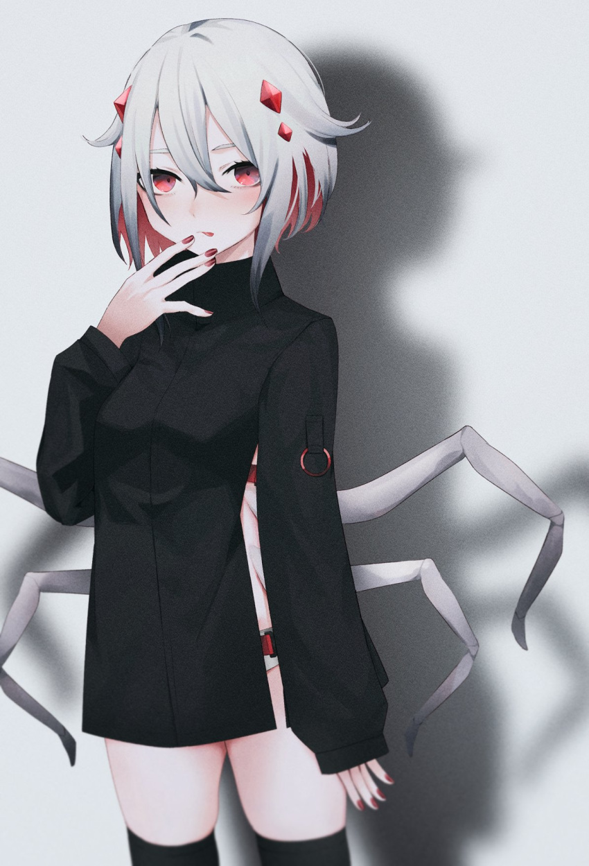 1girl :p black_jacket black_legwear blush closed_mouth colored_inner_hair hair_between_eyes hand_up highres insect_girl jacket long_sleeves looking_at_viewer migihidari_(puwako) multicolored_hair original red_eyes redhead solo spider_girl spider_legs standing thigh-highs tongue tongue_out two-tone_hair white_hair