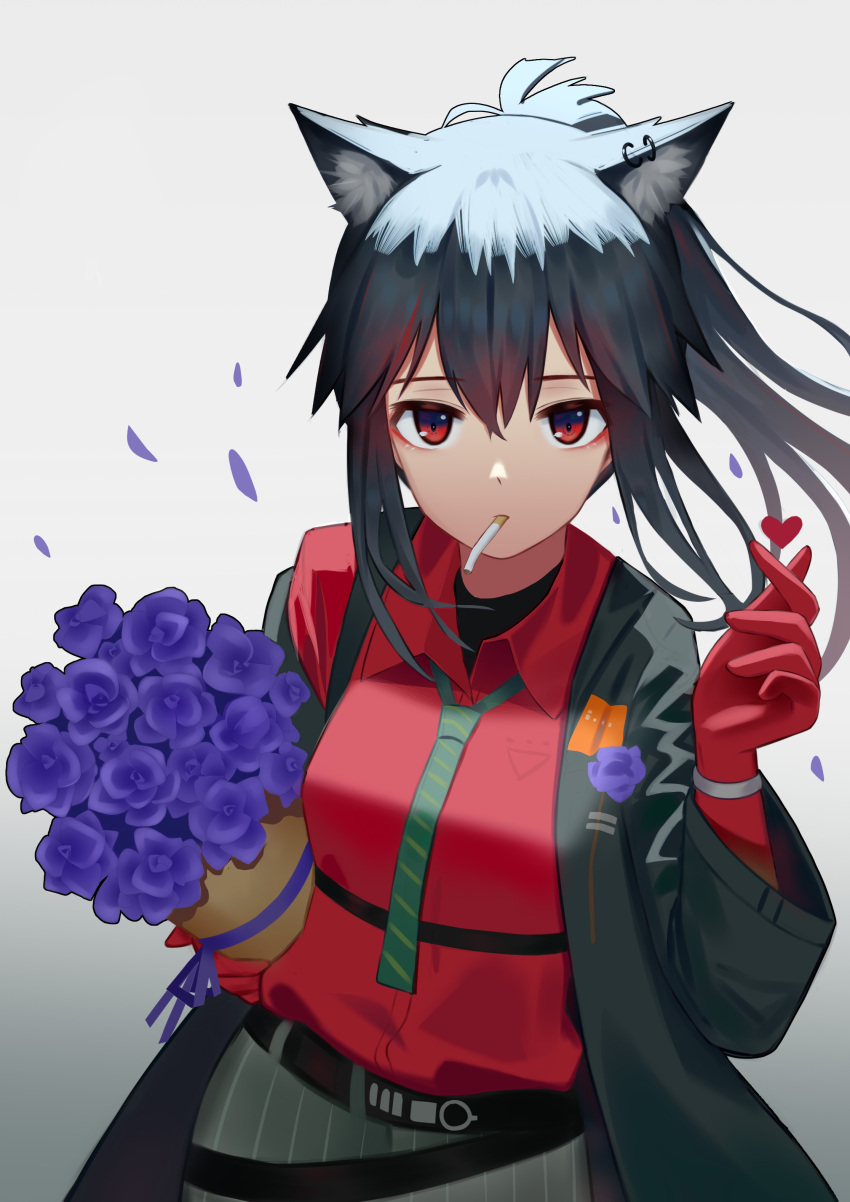 1girl absurdres animal_ear_fluff animal_ears arknights bangs black_hair black_jacket bouquet cigarette commentary_request flower gloves gradient gradient_background grey_background grey_neckwear hair_between_eyes hand_up highres jacket long_hair long_sleeves looking_at_viewer mouth_hold necktie official_alternate_costume petals purple_flower red_eyes red_gloves red_shirt shirt solo syouko_jiaozijun texas_(arknights) texas_(willpower)_(arknights) upper_body wolf_ears
