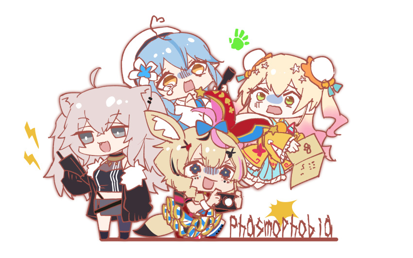 4girls animal_ears blonde_hair blue_eyes blue_hair camera chibi elf flower fox_ears fox_tail green_eyes grey_hair hair_flower hair_ornament highres holding holding_camera holding_walkie-talkie hololive momosuzu_nene multiple_girls omaru_polka phasmophobia pointy_ears scared shishiro_botan silou_b tail virtual_youtuber yellow_eyes yukihana_lamy