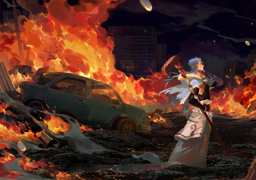 1boy belt blue_hair bracelet building capelet car closed_mouth clouds cu_chulainn_(fate)_(all) cu_chulainn_(fate/grand_order) elbow_gloves embers fate/grand_order fate_(series) fingerless_gloves fire floating_hair from_side full_body fur-trimmed_hood fur_trim gloves ground_vehicle hand_on_hip hood hood_down hooded_capelet jewelry long_hair male_focus motor_vehicle muscle night night_sky outdoors red_eyes ruins skin_tight sky solo spiky_hair staff tank_top taro-k type-moon wooden_staff
