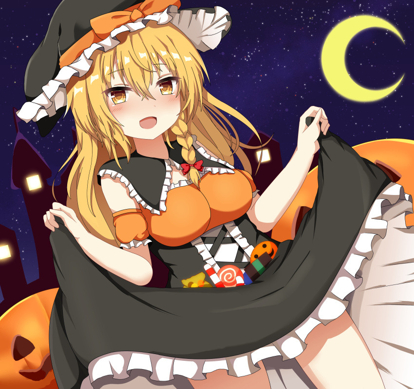 1girl armband bangs black_capelet black_dress black_headwear blonde_hair bow braid breasts candy candy_cane capelet crescent_moon dress dress_lift eyebrows_visible_through_hair food guard_vent_jun hair_between_eyes halloween halloween_costume hat hat_bow highres jack-o'-lantern kirisame_marisa lollipop long_hair looking_at_viewer moon night open_mouth orange_bow red_bow single_braid sky smile solo star_(sky) starry_sky thighs touhou witch_hat yellow_eyes