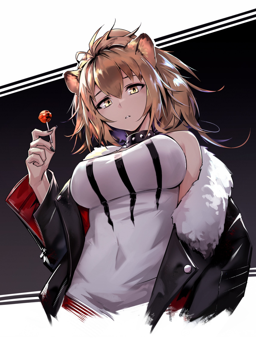1girl absurdres animal_ears arknights bangs bare_shoulders black_collar blonde_hair breasts candy choker collar commentary_request cropped_torso deel_(rkeg) food fur-trimmed_jacket fur_trim hair_between_eyes highres holding holding_candy holding_food holding_lollipop jacket large_breasts lion_ears lion_tail lollipop long_hair looking_at_viewer parted_lips siege_(arknights) solo tail tank_top upper_body yellow_eyes