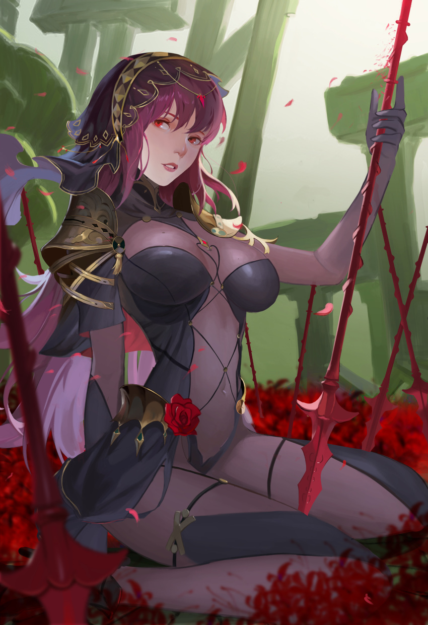 1163186334 1girl absurdres armor bodysuit breasts covered_navel fate/grand_order fate_(series) flower gae_bolg highres holding holding_weapon large_breasts leotard long_hair looking_at_viewer outdoors parted_lips pauldrons polearm purple_bodysuit purple_hair purple_leotard red_eyes scathach_(fate)_(all) scathach_(fate/grand_order) shoulder_armor sitting solo spear spider_lily veil weapon