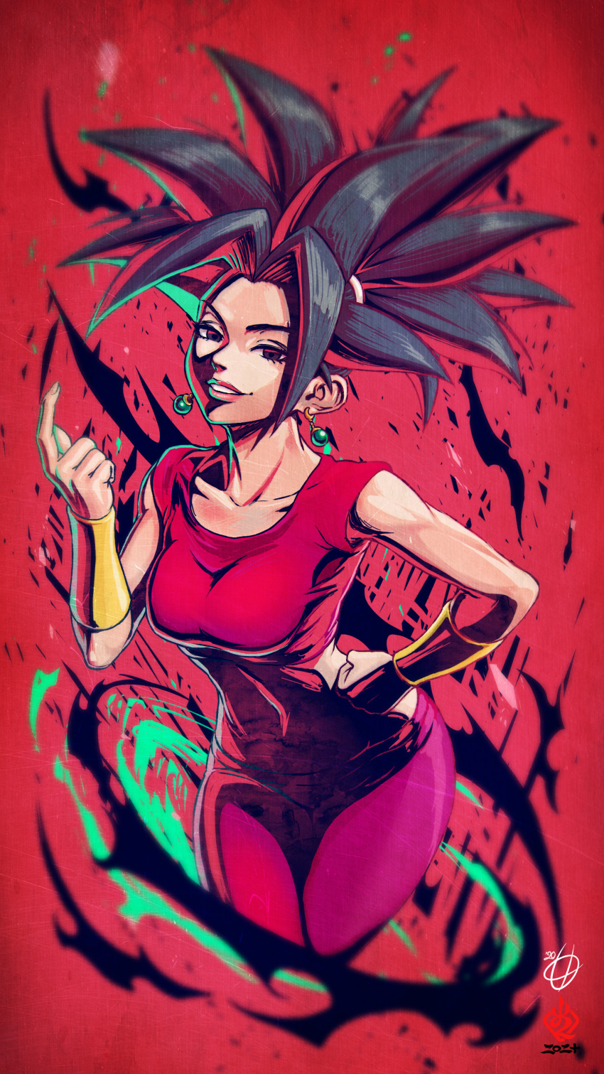 1girl absurdres amaguchi_chiyoko black_eyes black_hair breasts collarbone cowboy_shot cropped_legs dragon_ball dragon_ball_super earrings grin hand_on_hip highres index_finger_raised jewelry kefla_(dragon_ball) leaning_forward long_hair looking_at_viewer medium_breasts pants potara_earrings red_background red_pants red_shirt shiny shiny_hair shirt short_sleeves smile solo spiky_hair standing very_long_hair