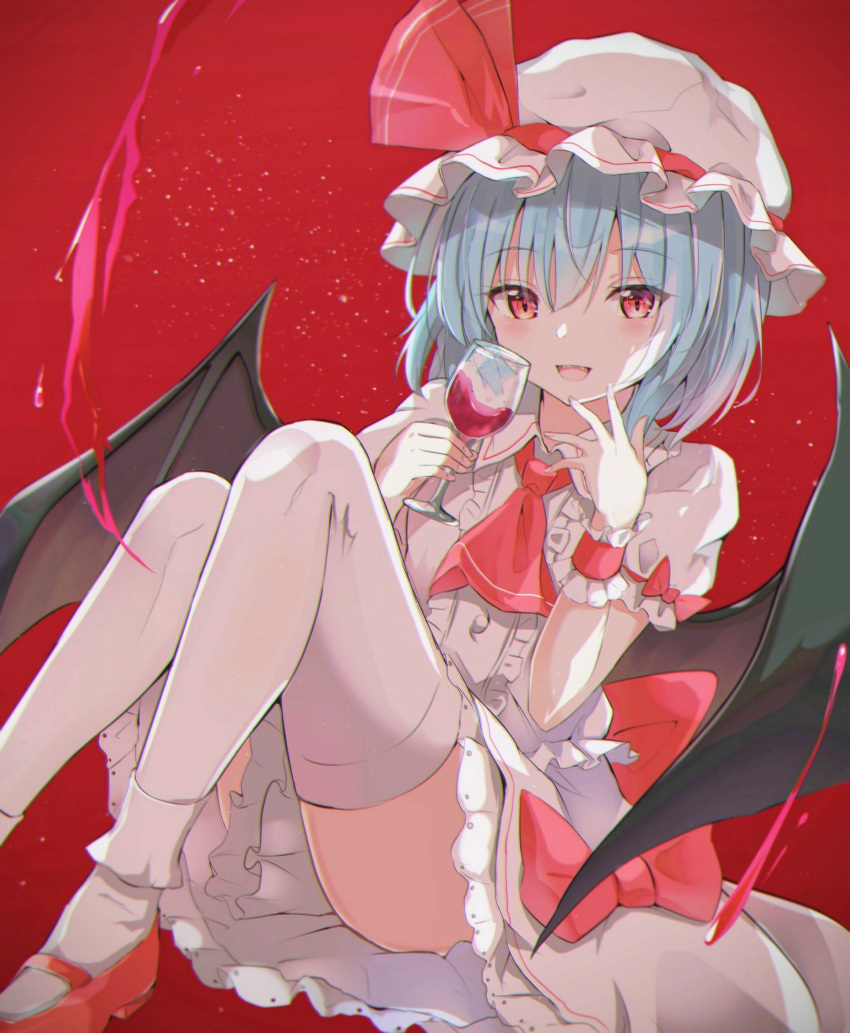 1girl ambiguous_red_liquid arms_up bat_wings blue_hair blurry_foreground commentary_request cravat cup drinking_glass eyebrows_visible_through_hair fingers_to_chin foot_out_of_frame hair_between_eyes hat hat_ribbon highres holding holding_cup iyo_(ya_na_kanji) light_particles looking_at_viewer mary_janes mob_cap open_mouth petticoat pink_headwear pink_legwear pink_shirt pink_skirt puffy_short_sleeves puffy_sleeves reclining red_background red_eyes red_footwear red_neckwear remilia_scarlet ribbon shirt shoes short_hair short_sleeves simple_background sitting skirt smile solo thigh-highs touhou wine_glass wings wrist_cuffs