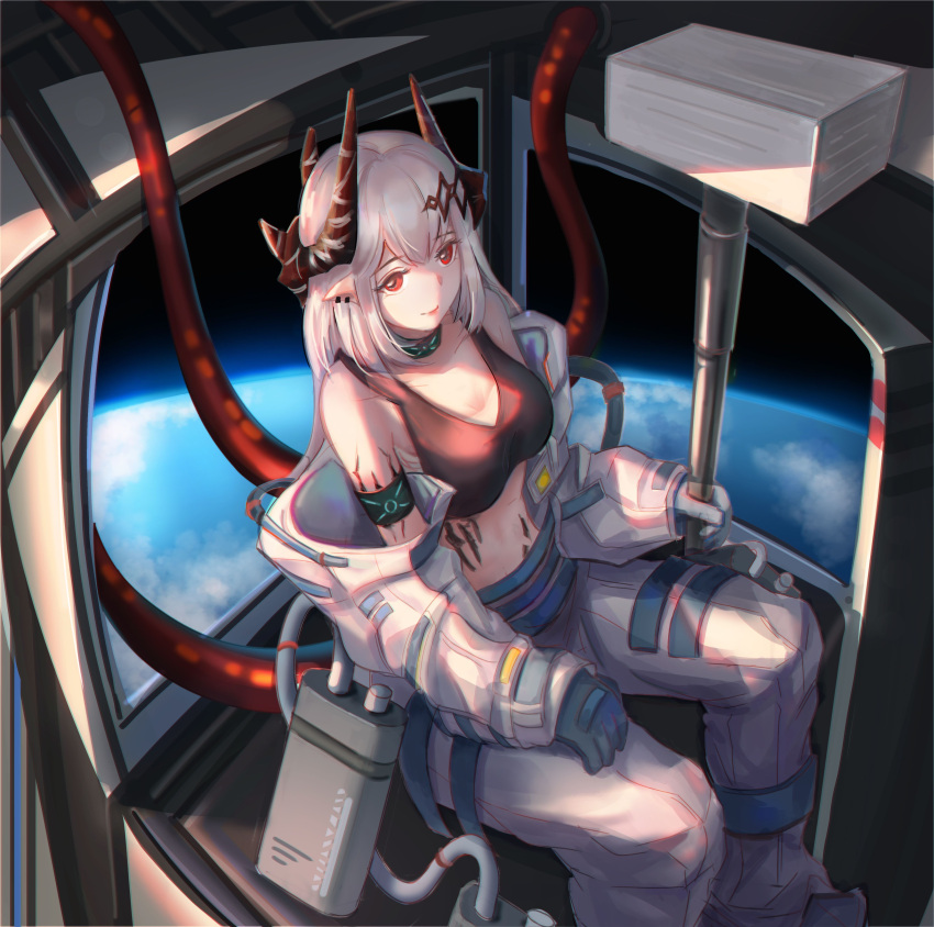 1girl absurdres arknights armband bangs bare_shoulders breasts commentary_request crop_top earth gloves grey_pants hammer highres holding holding_hammer holding_weapon horns large_breasts long_hair long_sleeves luai midriff mudrock_(arknights) oripathy_lesion_(arknights) pants pointy_ears red_eyes silver_hair smile solo space sports_bra weapon